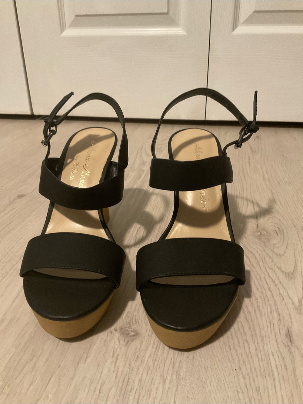 Athena Alexander Black Platform Wedge Sandals with Tan Platform